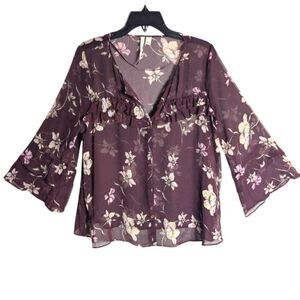 Lauren Conrad Sheer Purple & Cream Floral Ruffle Bell Sleeve Blouse Top Womens l